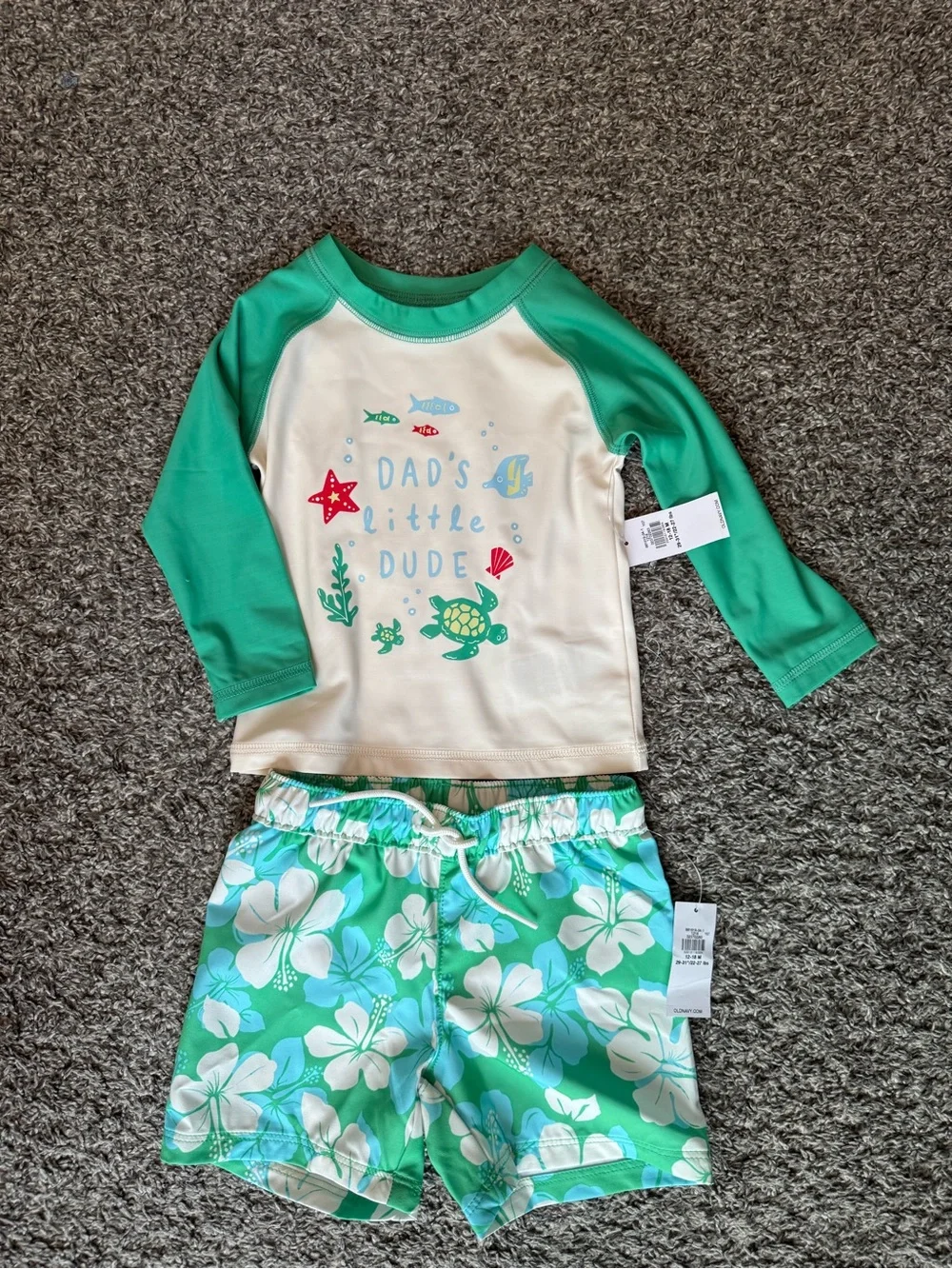 Old Navy Boys Green & White 'Dad's Little Dude' Swim Set